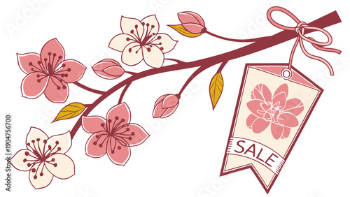 Spring sale banner with cherry blossom branch illustration and a hanging price tag for promotion.
