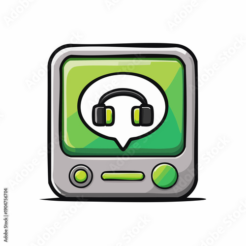 Playful cartoon-style icon of a retro portable media player with a vibrant green screen displaying headphones within a chat bubble, symbolizing audio content and digital communication