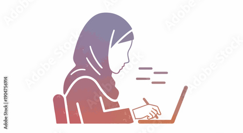 Stylized illustration of a Muslim woman wearing a hijab, diligently working on her laptop and writing, representing remote work, online education, or professional tasks.