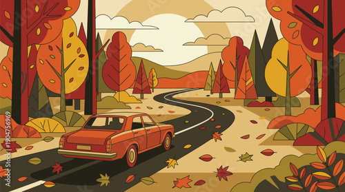 Autumn Landscape with Winding Road and Classic Car.