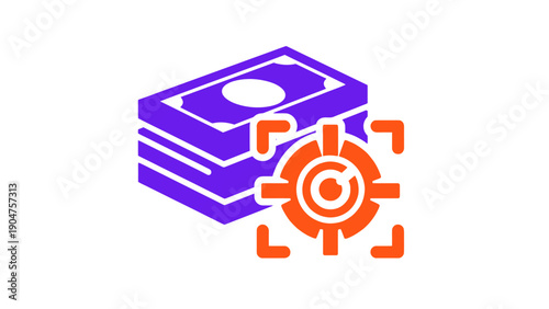 Financial Target Icon. Money Stack with Focus Aim Symbol. Optimized Investment Goal Vector Illustration.