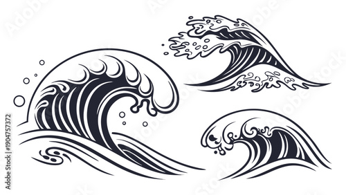 Stylized japanese ocean waves set in traditional woodblock print style for artistic designs.