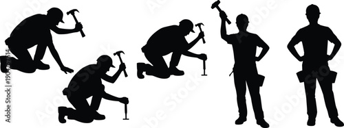 Carpenter hammering nails silhouettes vector, construction worker installation process, professional handyman tools concept, building repair maintenance technicians isolated illustration