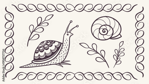 Purple line art snail and shells inside a rope-border frame.