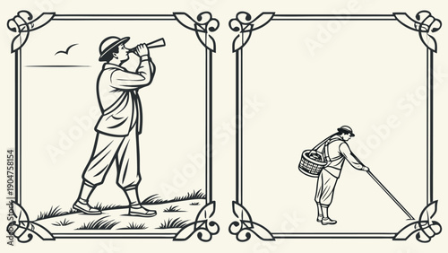 Vintage illustration showing a man observing through a telescope and another inspecting a hole