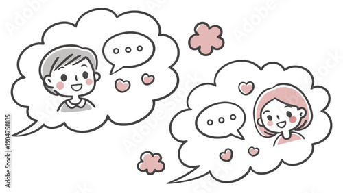 Illustration of a young boy and girl thinking of each other with hearts and speech bubbles