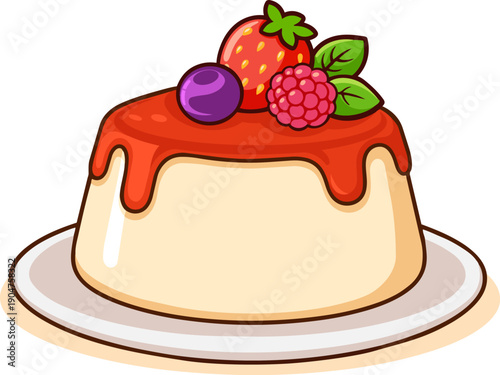 Cute flat panna cotta dessert with berries vector illustration isolated on white background.