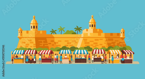 A bustling outdoor marketplace vibrant with activity, featuring numerous stalls and shoppers against a backdrop of historical architecture under a clear sky