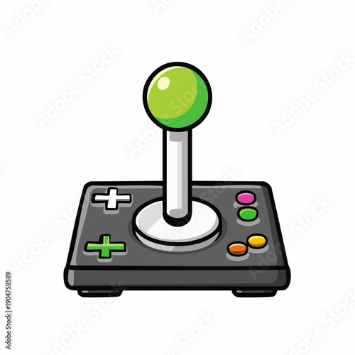 Arcade joystick icon, modern flat vector design with green ball top and colorful buttons. Capturing retro gaming and interactive entertainment for classic game themes