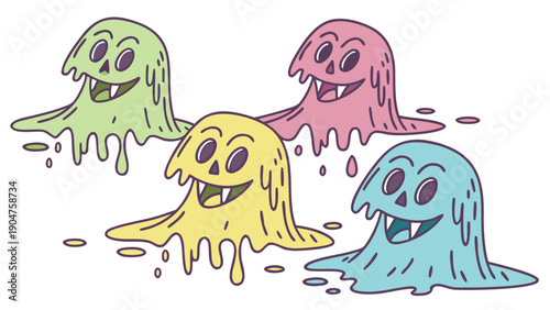 Four colorful melting skull cartoon characters in green pink yellow and blue hues