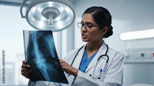 Focused female doctor in a clinical setting examining an X‑ray, holding it up to light, wearing white lab coat and blue scrubs, captured from a close‑up view emphasizing professional dedication