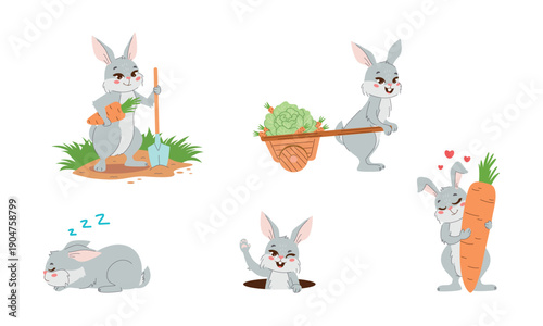 Adorable cartoon rabbit bunny in various types of agricultural activitie: digging with a shovel, harvesting, transporting a cart with vegetables, hugging a carrot, sleeping and greeting from a hole