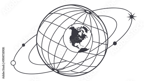 Black and white line art illustration of the planet earth with orbital paths and satellites