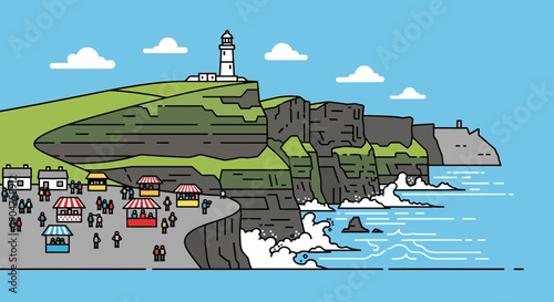 Coastal Market Scene Vibrant stalls line a cliffside overlooking the ocean, with a distant lighthouse standing guard over the picturesque seaside village setting