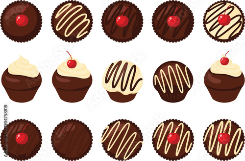 Chocolate dessert set with cupcakes truffles and candies topped with cream drizzle and cherry vector illustration