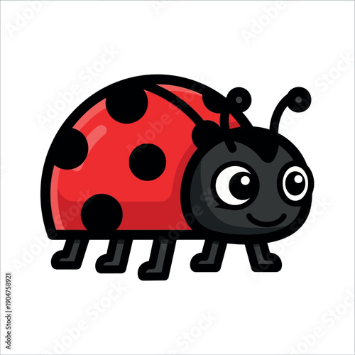 A cheerful cartoon ladybug with a red shell and black spots against a clean white background.