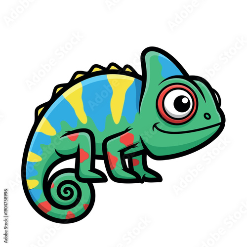 Colorful cartoon chameleon with blue, yellow, and green scales and a cheerful expression against a clean white background.