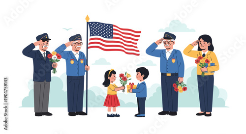 Veterans Saluting American Flag: Children Give Flowers and Gifts in Appreciation. Military Honor and Patriotic Celebration Vector Illustration.