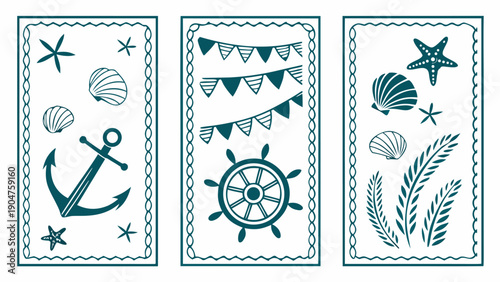 A collection of three vertical banners with teal nautical illustrations of anchors and shells