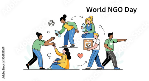 Illustration of diverse people collaborating and supporting each other on World NGO Day with a focus on community and social justice advocacy.