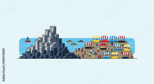 A stark comparison between a barren, rocky landscape facing a bustling marketplace filled with vibrant stalls and people, representing two distinct environments and economies