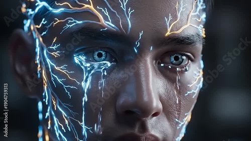 Futuristic Man with Neon Facial Patterns.