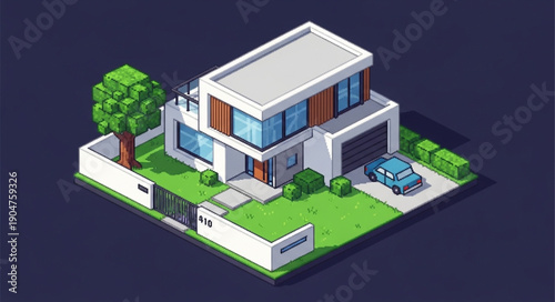 Modern Isometric Pixel Art House with Car and Tree.