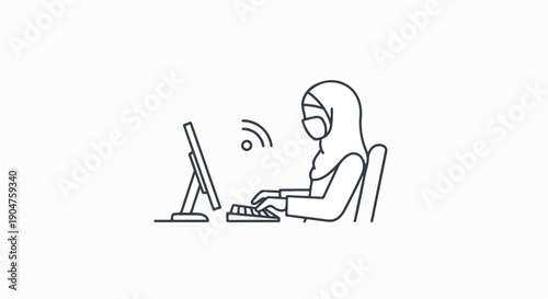 Young Muslim woman in hijab working on a computer with wireless internet connection, simple line art illustration