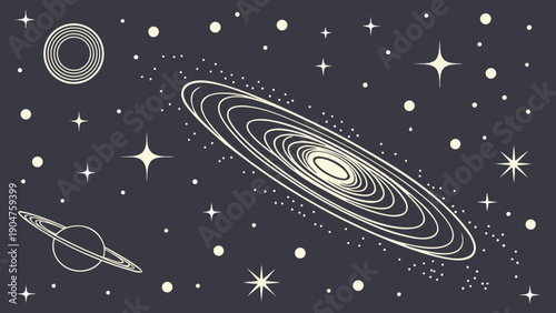 Stylized vintage illustration of a spiral galaxy surrounded by stars and ringed planets in space