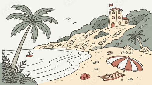 Retro style illustration of a serene tropical beach with a palm tree and a villa on a hill