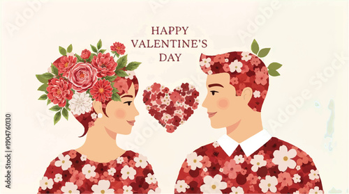 Valentines Day couple with flower heads looking at each other happily