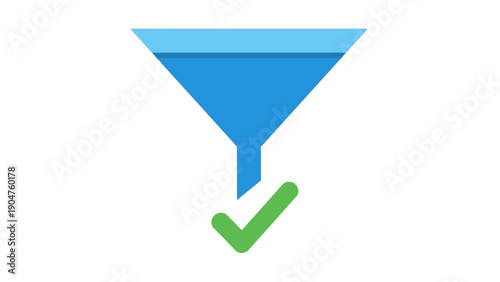 Data Filter Funnel Icon with Green Checkmark. Successful Sorting, Optimization, and Quality Control UI Symbol.