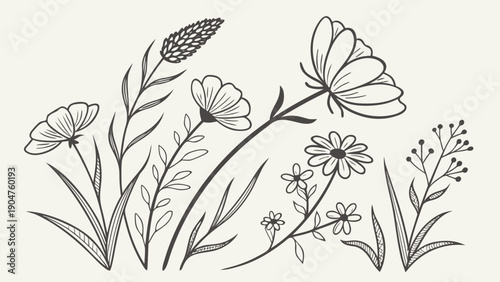 Hand drawn vintage wildflower meadow with various blooming plants and delicate grasses.
