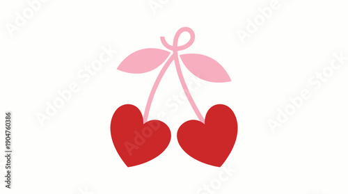 Heart Cherries Vector – Two Red Heart‑Shaped Cherries with Pink Stems and Leaves for Love, Romance, Valentine, Cute Food, and Sweet Design Projects