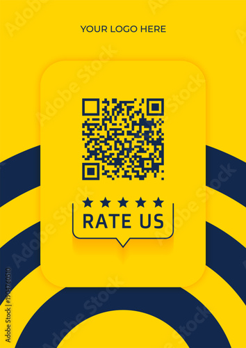 Modern Customer Review Card Template with QR Code, Professional Dark Blue and Yellow Feedback Card, Editable Business Stationery. Rating card