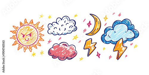 Valokuva A whimsical illustration of various weather symbols and celestial bodies