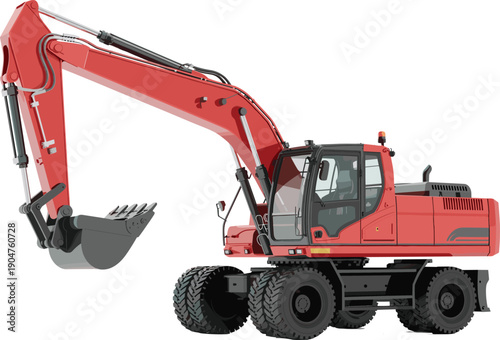Red wheeled excavator vector illustration for heavy construction machinery design isolated on white background for industrial building projects and civil engineering equipment