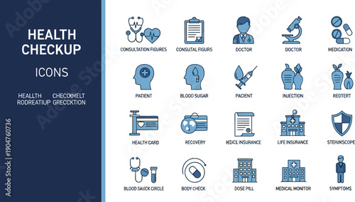 Blue and navy two-tone vector icon set for healthcare featuring medical staff, diagnostic tools, medication, and insurance symbols