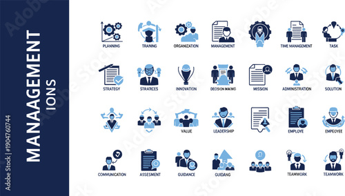 Blue and navy two-tone vector icon set featuring 28 management symbols for planning, strategy, leadership, and teamwork