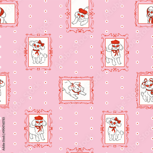 Dog in frames seamless pattern. Cute puppies portrait framed on the white spots. Whimsical background with pets in accessories funny print for wallpaper, wrapping, textile. Vector texture