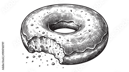 Detailed hand-drawn sketch of a freshly bitten plain glazed donut with scattered crumbs, showcasing a rough texture and artistic hatching in a striking black and white