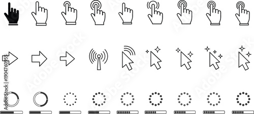 Comprehensive vector icon set featuring hand cursors, mouse pointers, directional arrows, and circular or linear loading progress bars