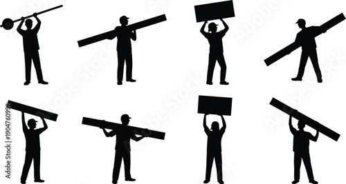 Construction worker carrying beams silhouettes vector, manual material handling labor activity, industrial builder lifting wooden boards, isolated professional workforce illustration