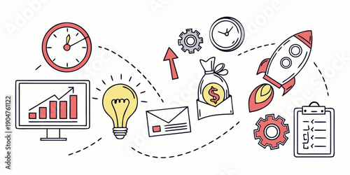 Foto Illustration of various icons representing different aspects of business and tec