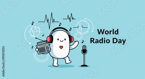 Cartoon Character Celebrating World Radio Day.