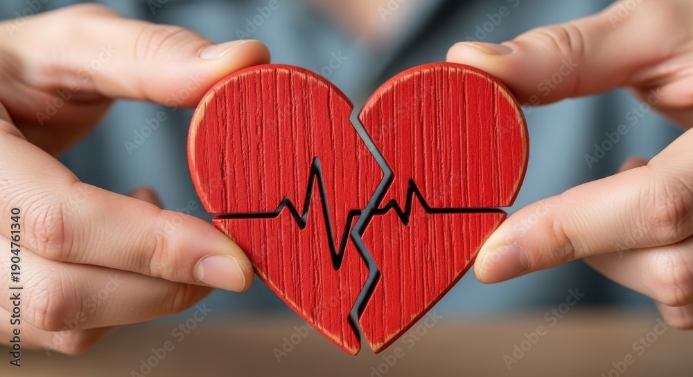 Obraz premium Broken wooden heart with EKG heartbeat line held by hands representing cardiac health, medical recovery, and relationship reconciliation