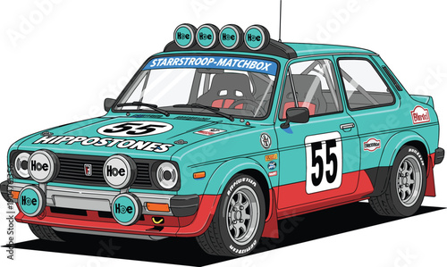 Detailed color vector illustration of a vintage teal and red rally racing car featuring number 55 and spotlights
