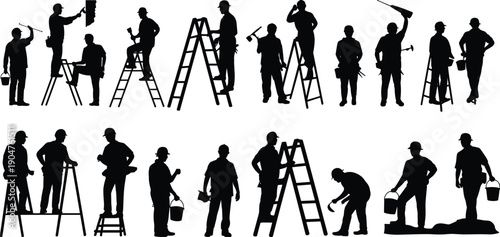 Construction worker silhouettes painting, ladder maintenance team builders performing renovation repair tasks isolated vector illustration set for industrial construction service advertising design