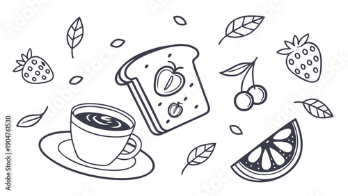 Toast with strawberries and coffee cup depicted in a gray line art.