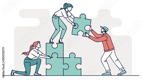 Three people work together to assemble a large teal puzzle structure.